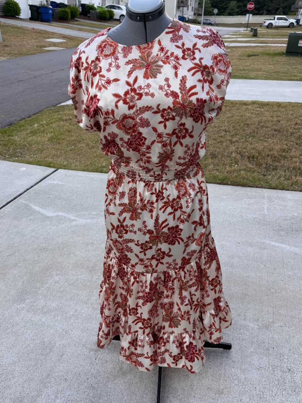 MISA Los Angeles Paulina Floral Midi Dress - Cream & Rust Smocked Waist